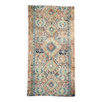 5x11 Green & Blue Tribal Turkish Vintage Kilim Rug 170x333Cm SK 35197
