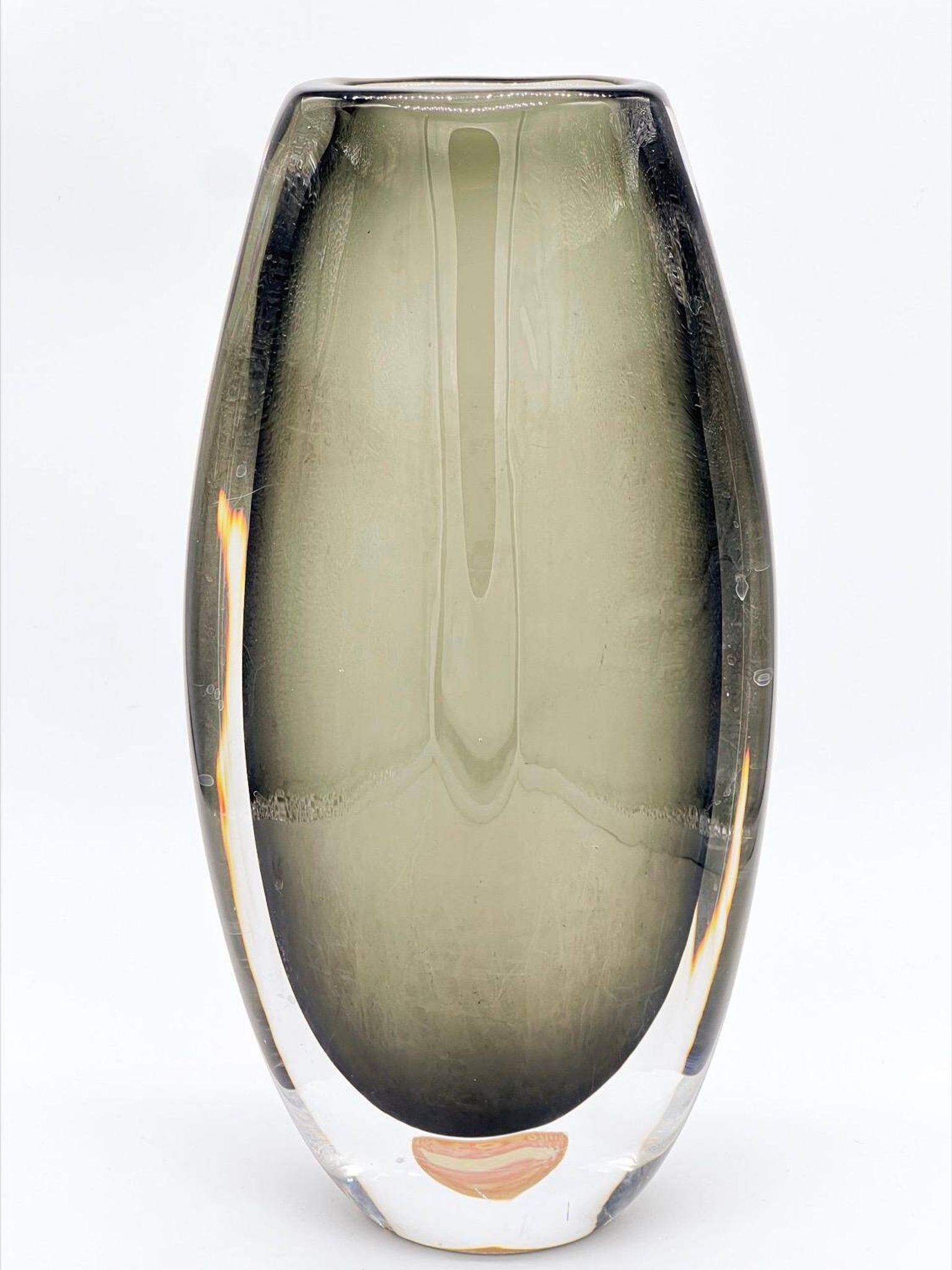 Vintage Thick and Massive Swedish Orrefors Vase in Grey/Green Sommerso Glass