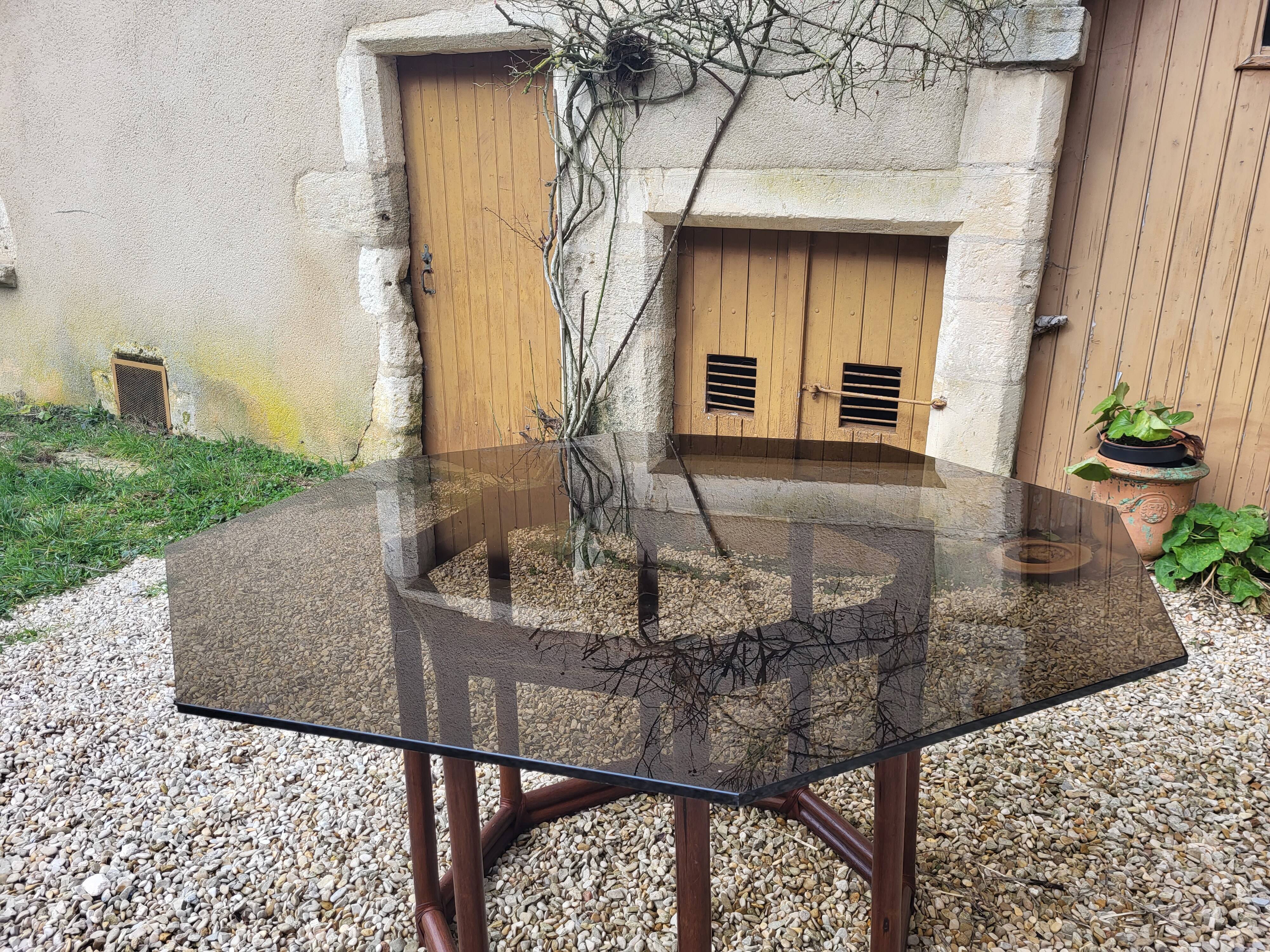 Wood table bamboo style smoked glass 70s