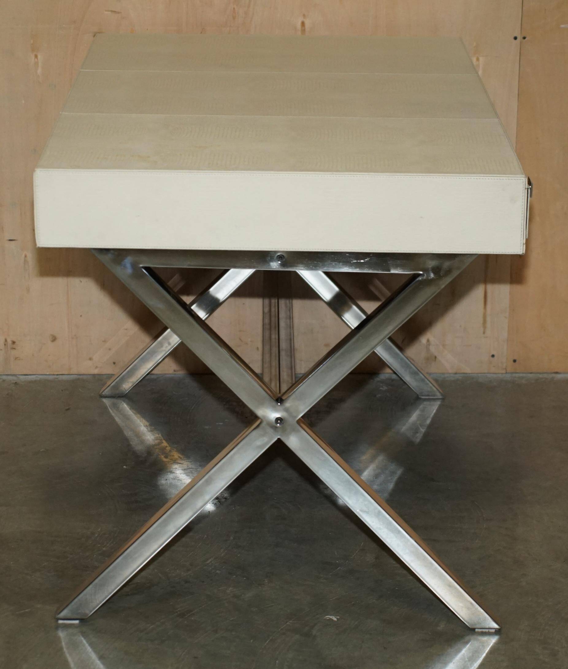 Vintage writing desk with chrome X-shaped top and patinated crocodile leather.