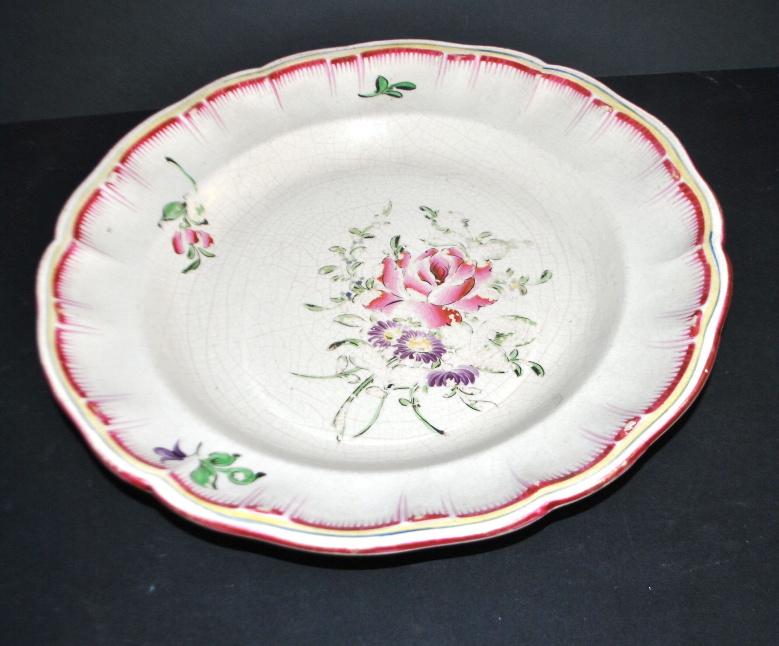 Flowered plate decoration street lamp old Strasbourg in faience signed KG Lunéville