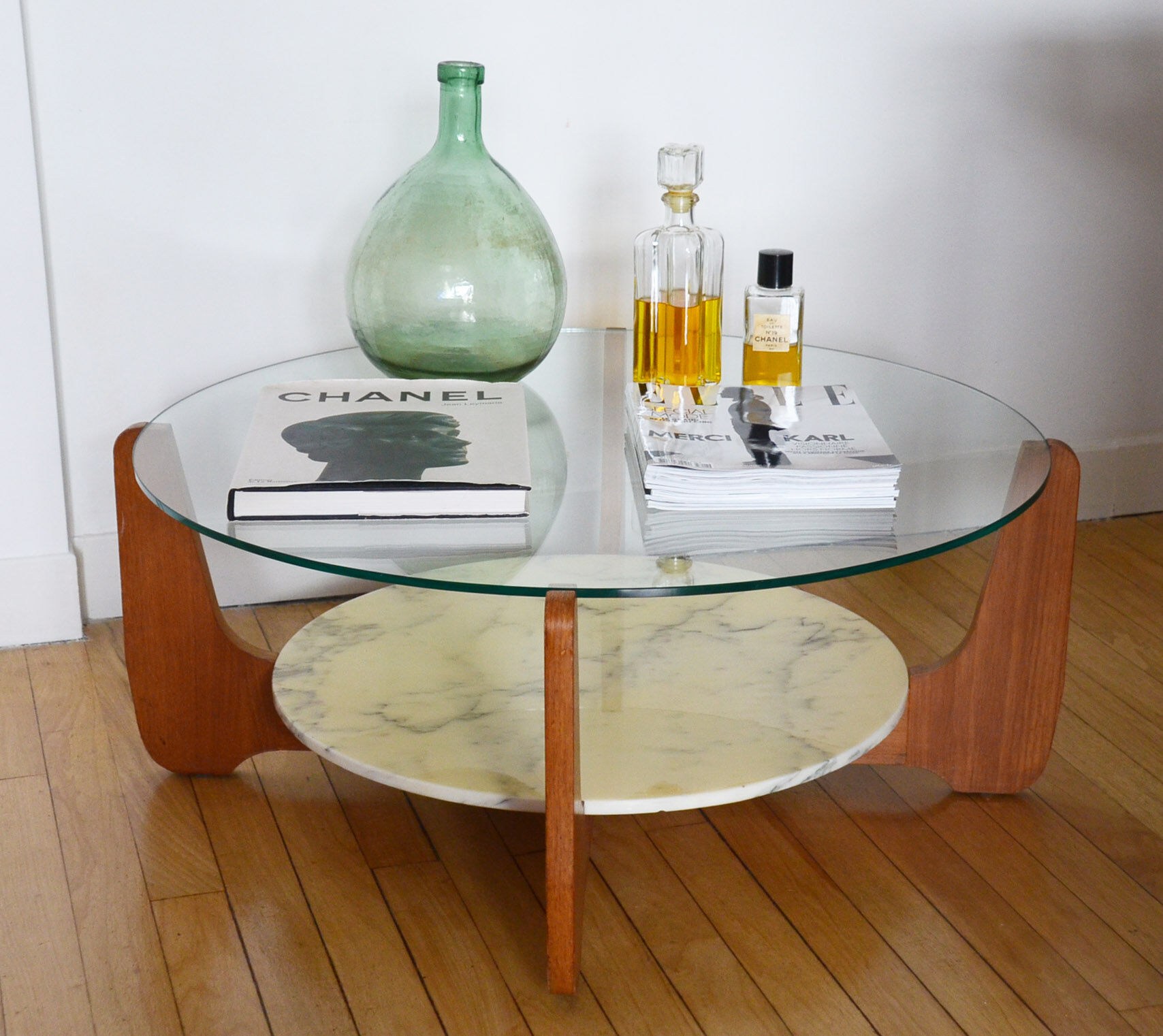 Table low Hugues Poignant marble glass and teak 60s