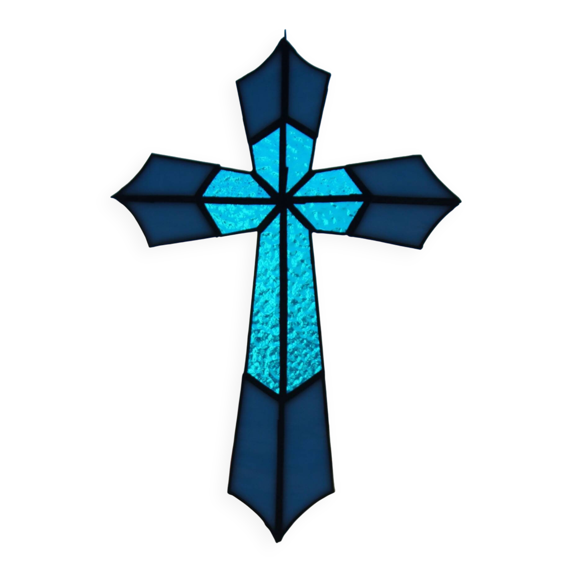 Vitrail Artisanal Croix – Verre Coloré Bleu – 40 × 50 cm – Pièce Unique