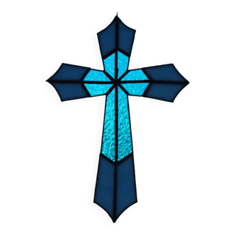 Vitrail Artisanal Croix – Verre Coloré Bleu – 40 × 50 cm – Pièce Unique