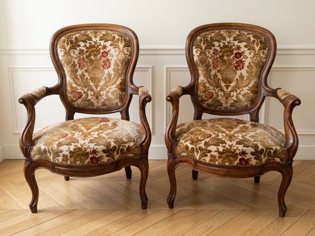 Pair of Louis XV armchairs in wood and floral fabric.
