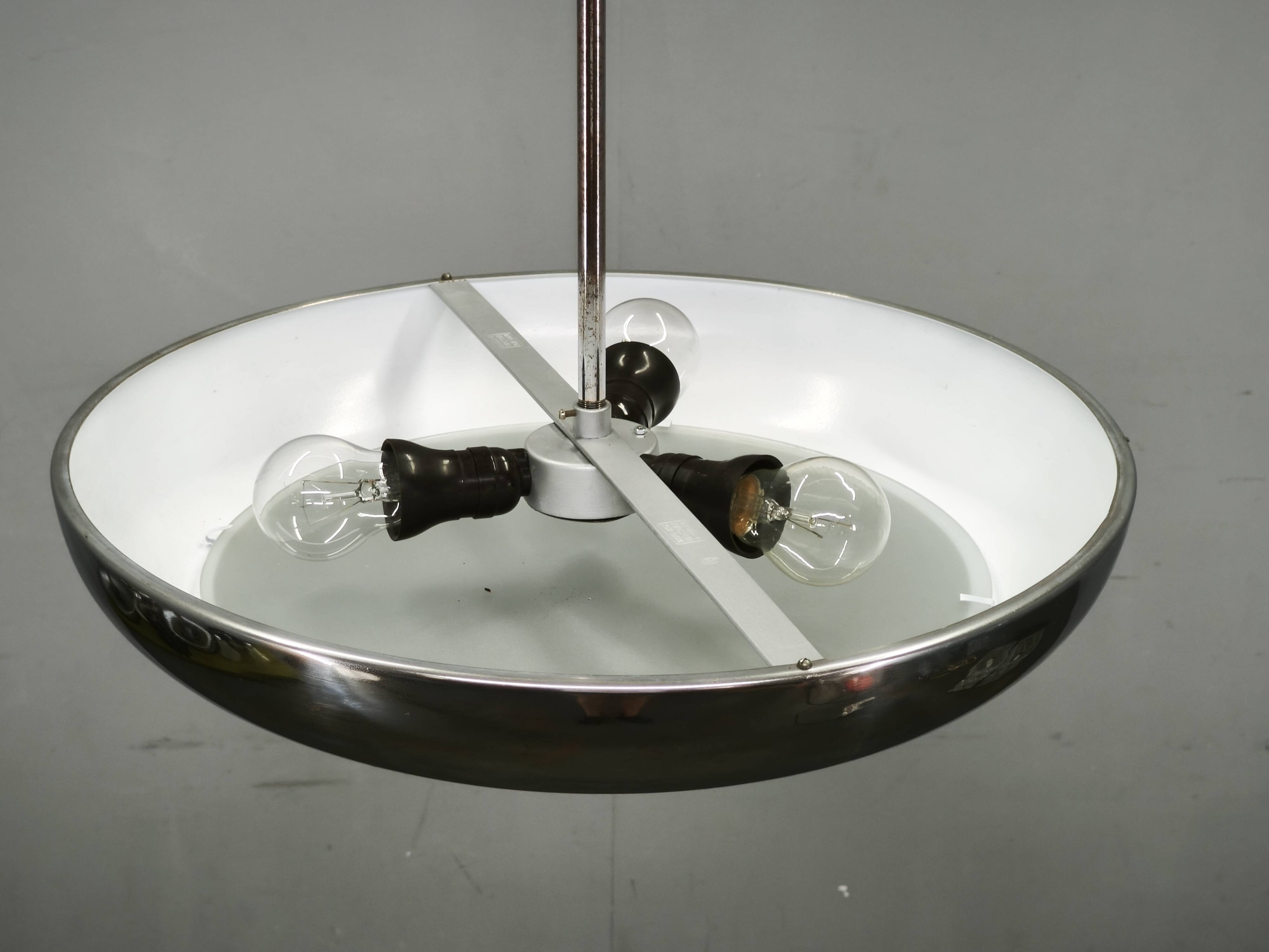 1930s Bauhaus UFO Chrome and Glass Pendant Light, Czechoslovakia