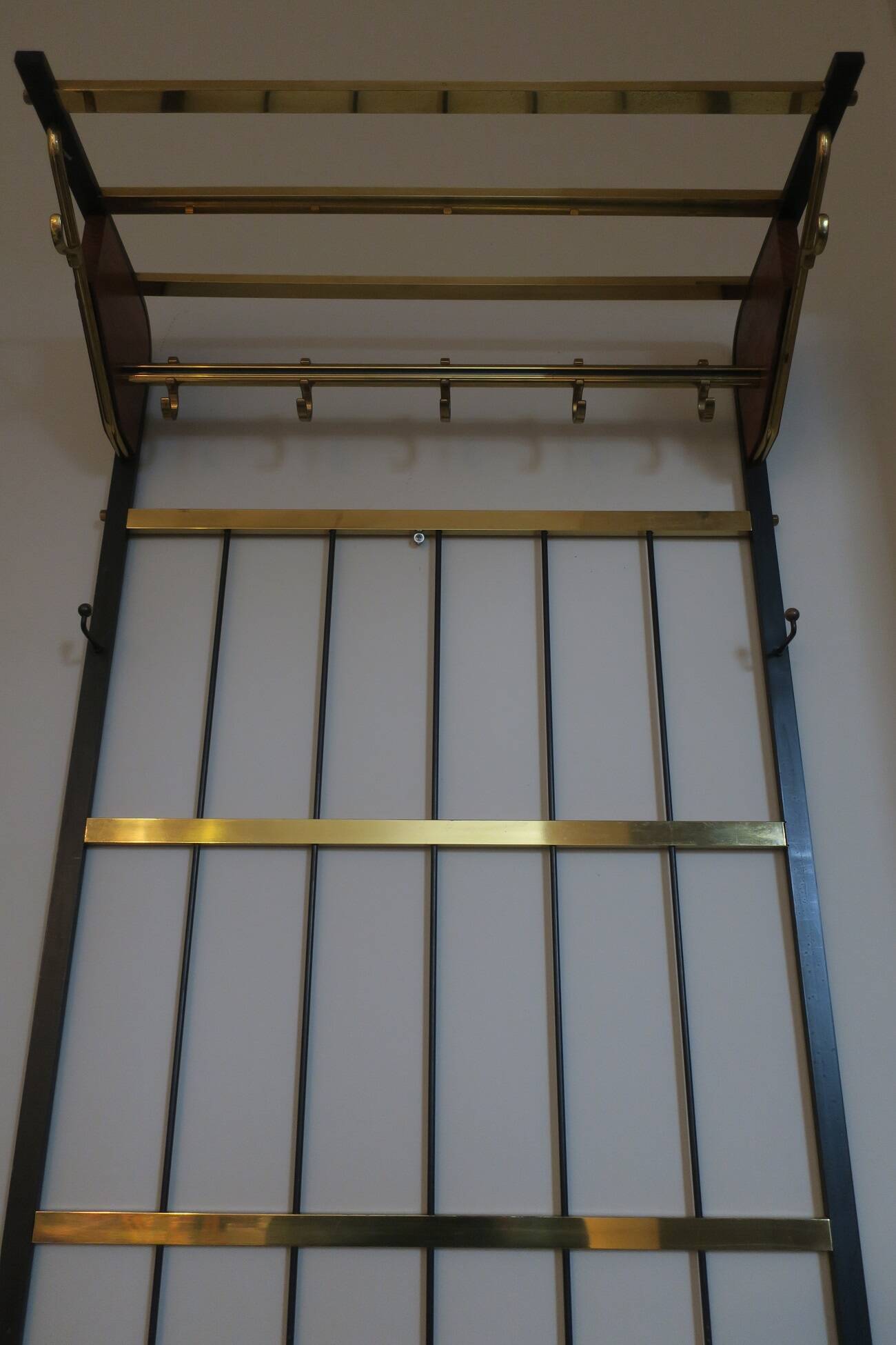 Mid-century brass and teak wall coat rack, 1960s