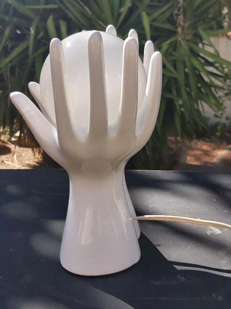 White ceramic hand lamp opaline ball 70s