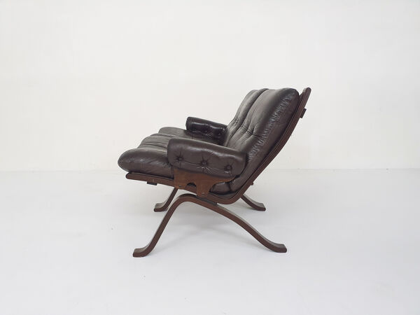 Canapé deux places en cuir marron, Norvège des années 1970