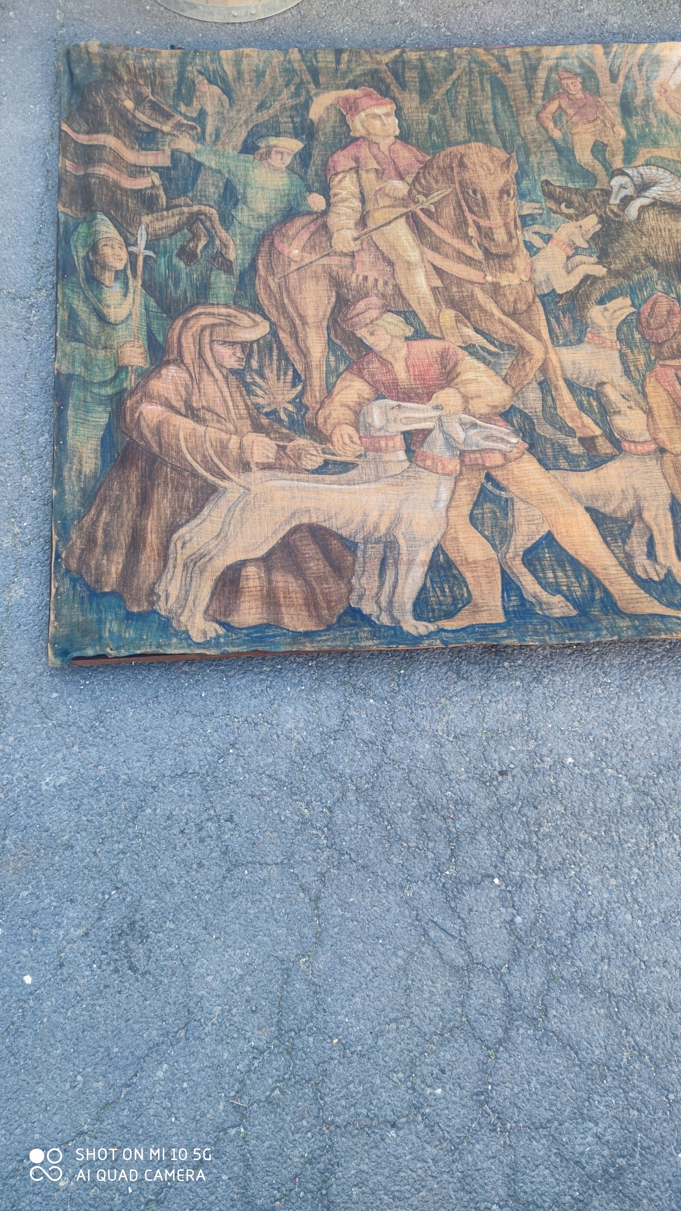 Painted burlap canvas depicting a medieval hunting scene circa 1950 by André Pierre BOURBIOUX, known as "Boul"