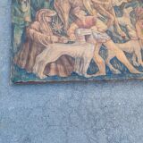 Burlap painted medieval hunting scene circa 1950 by André Pierre BOURBIOUX called "Boul"