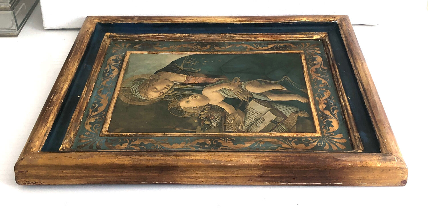 Antique Italian icon, blue and gold wood