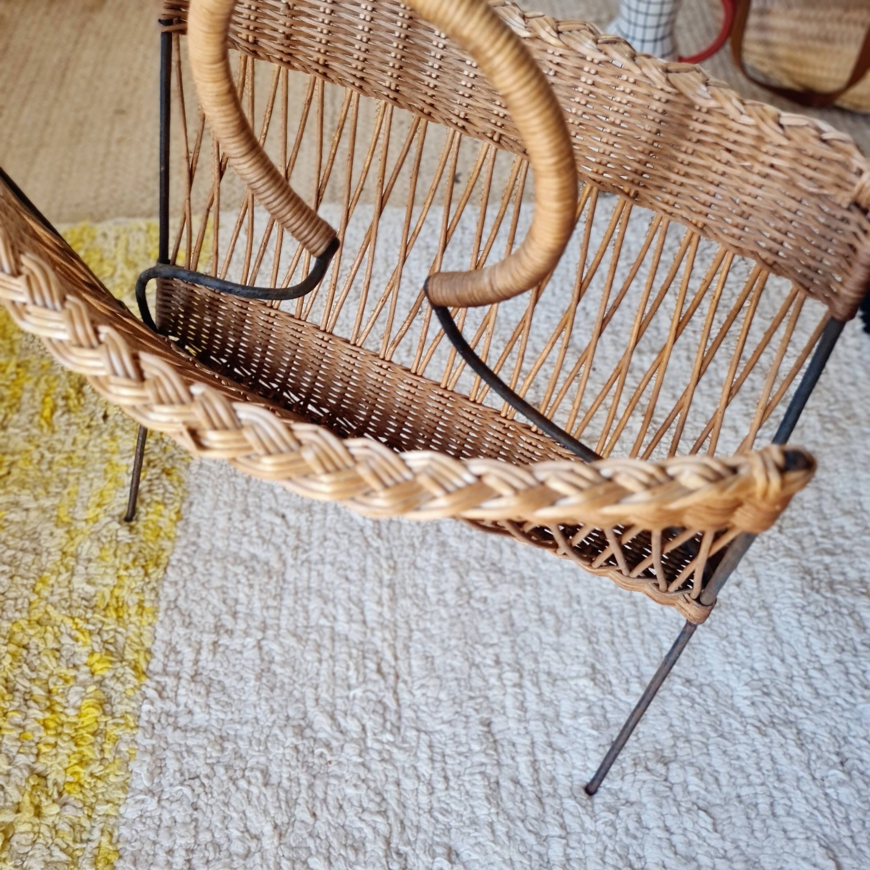 Vintage wicker and metal magazine rack