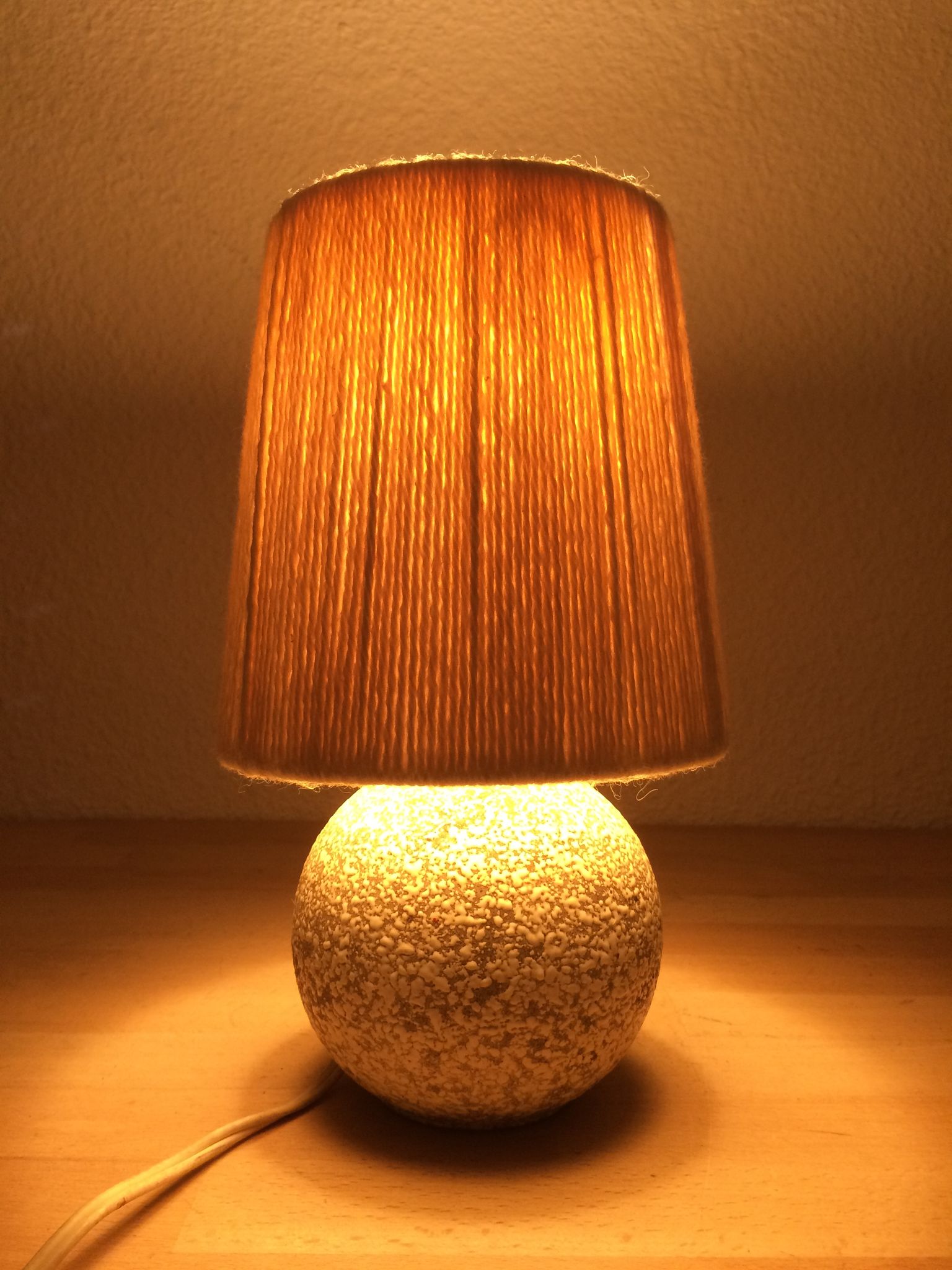Art Deco ball lamp, white tense ceramic, wool lampshade
