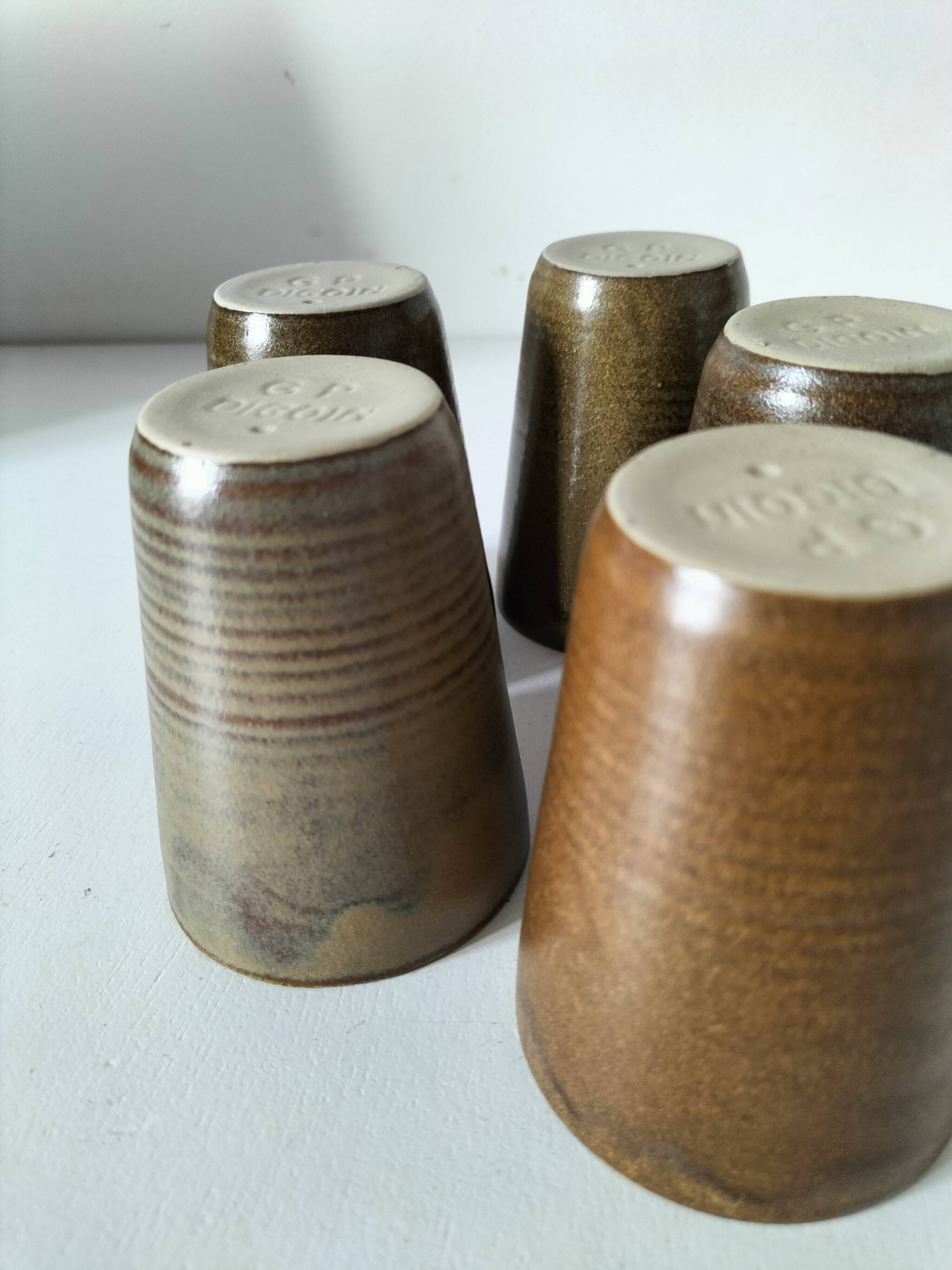 5 speckled stoneware cups from digoin (gp digoin) in brown, 1970s.