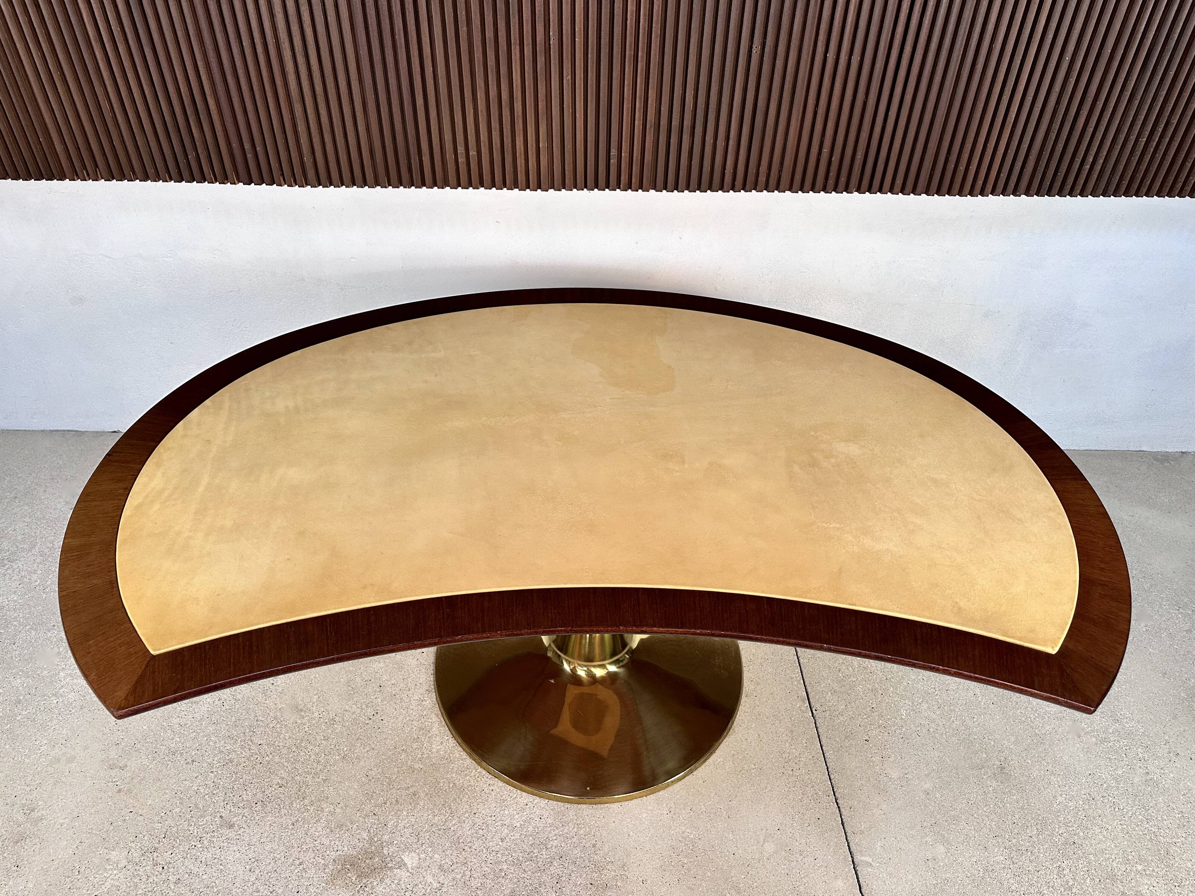 Large Italian Single Column Crescent-Shaped Desk in Goat Skin & Brass 1950s