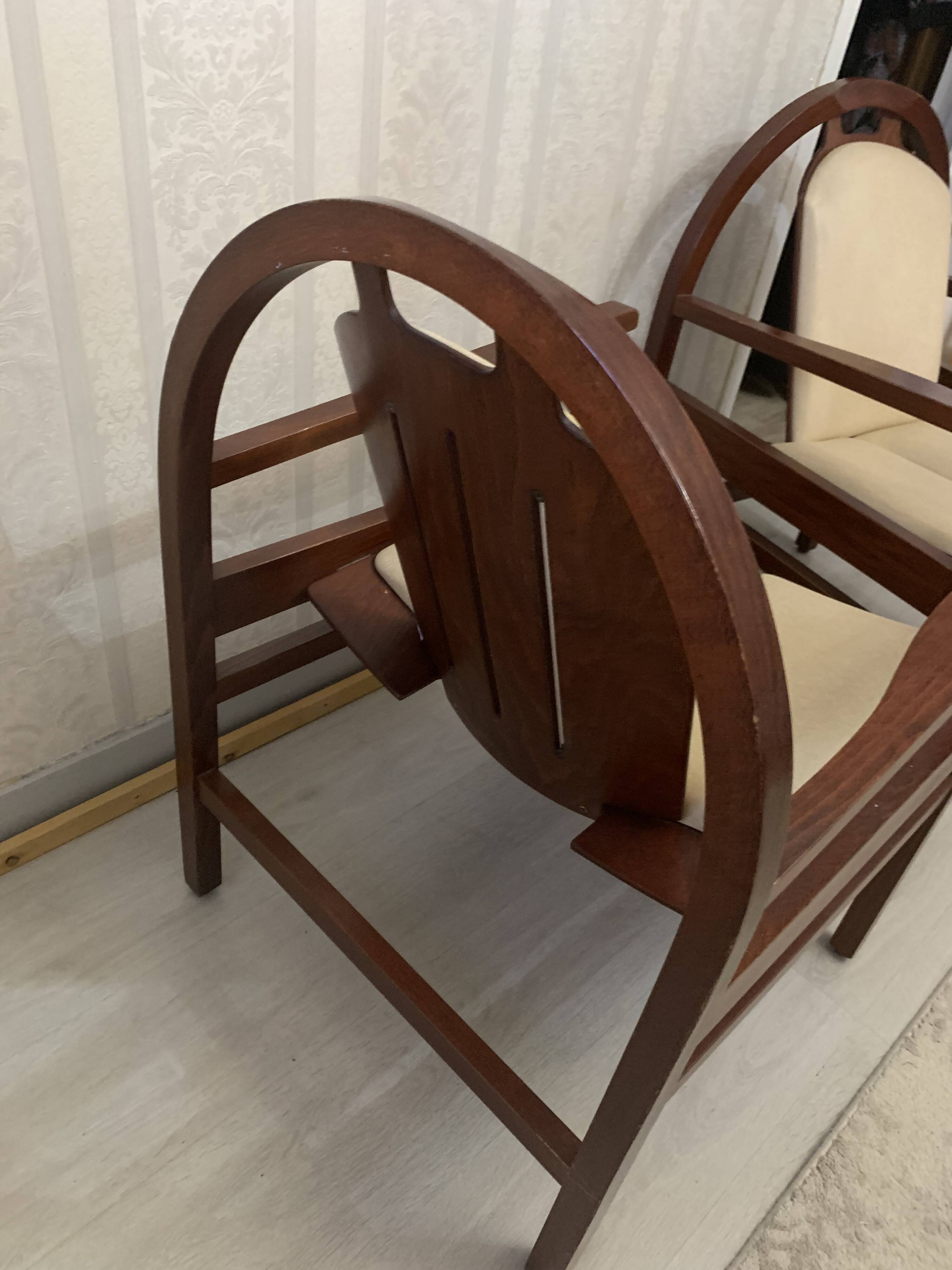 Pair of vintage Baumann armchairs – leather & solid wood – very good condition
