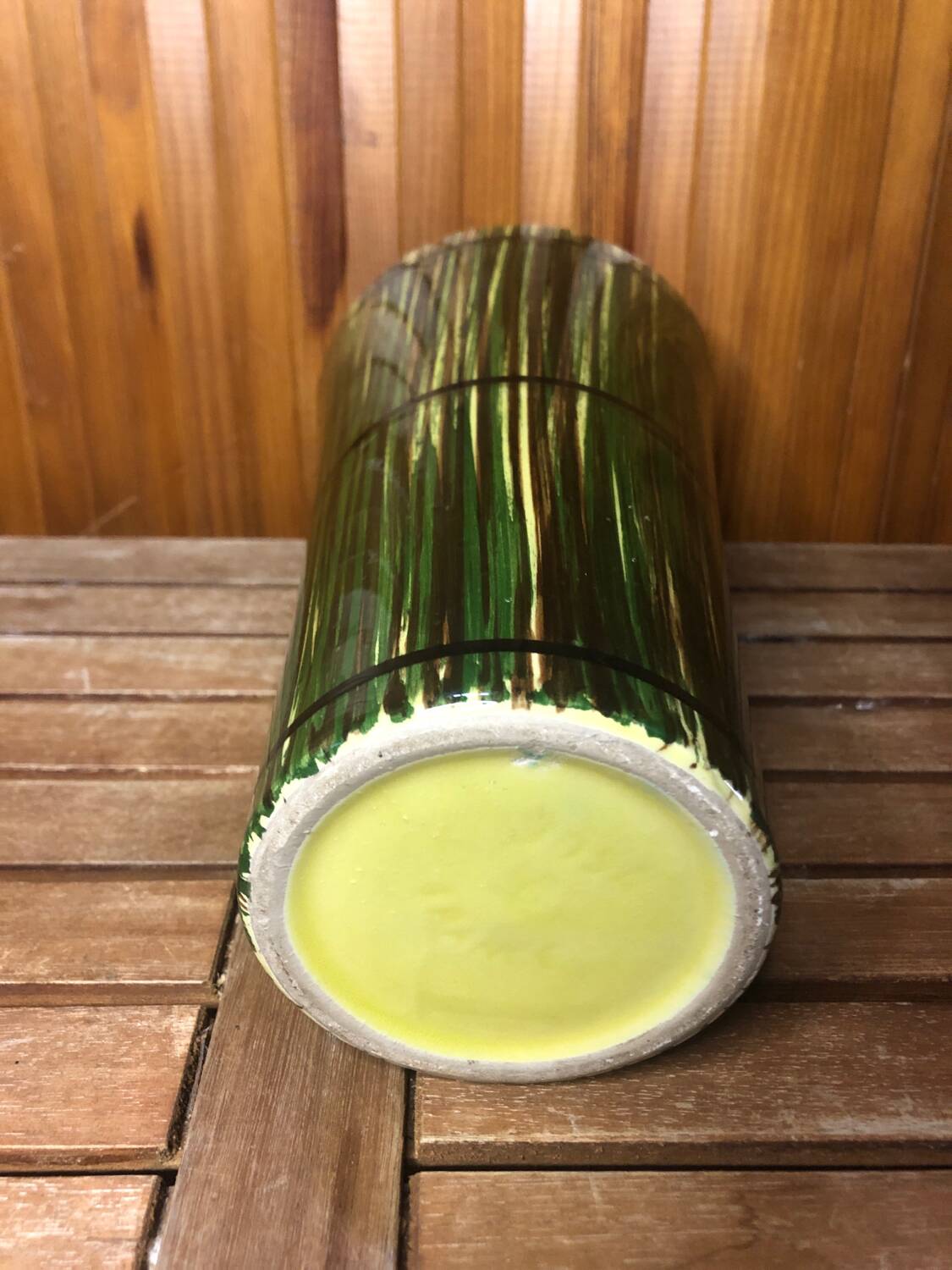 Old vase st clément france green & yellow ceramic vintage #a392