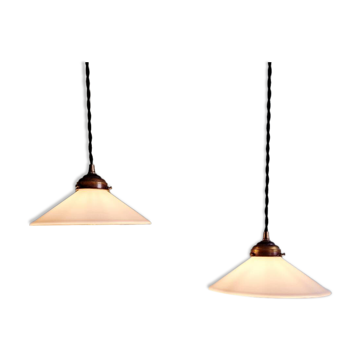 Pair of Art Deco conical white opaline pendants, 1920-30.