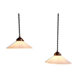 Pair of Art Deco conical white opaline pendants, 1920-30.