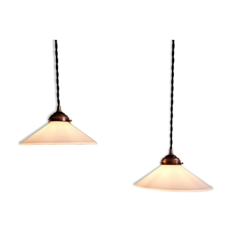 Pair of Art Deco conical white opaline pendants, 1920-30.