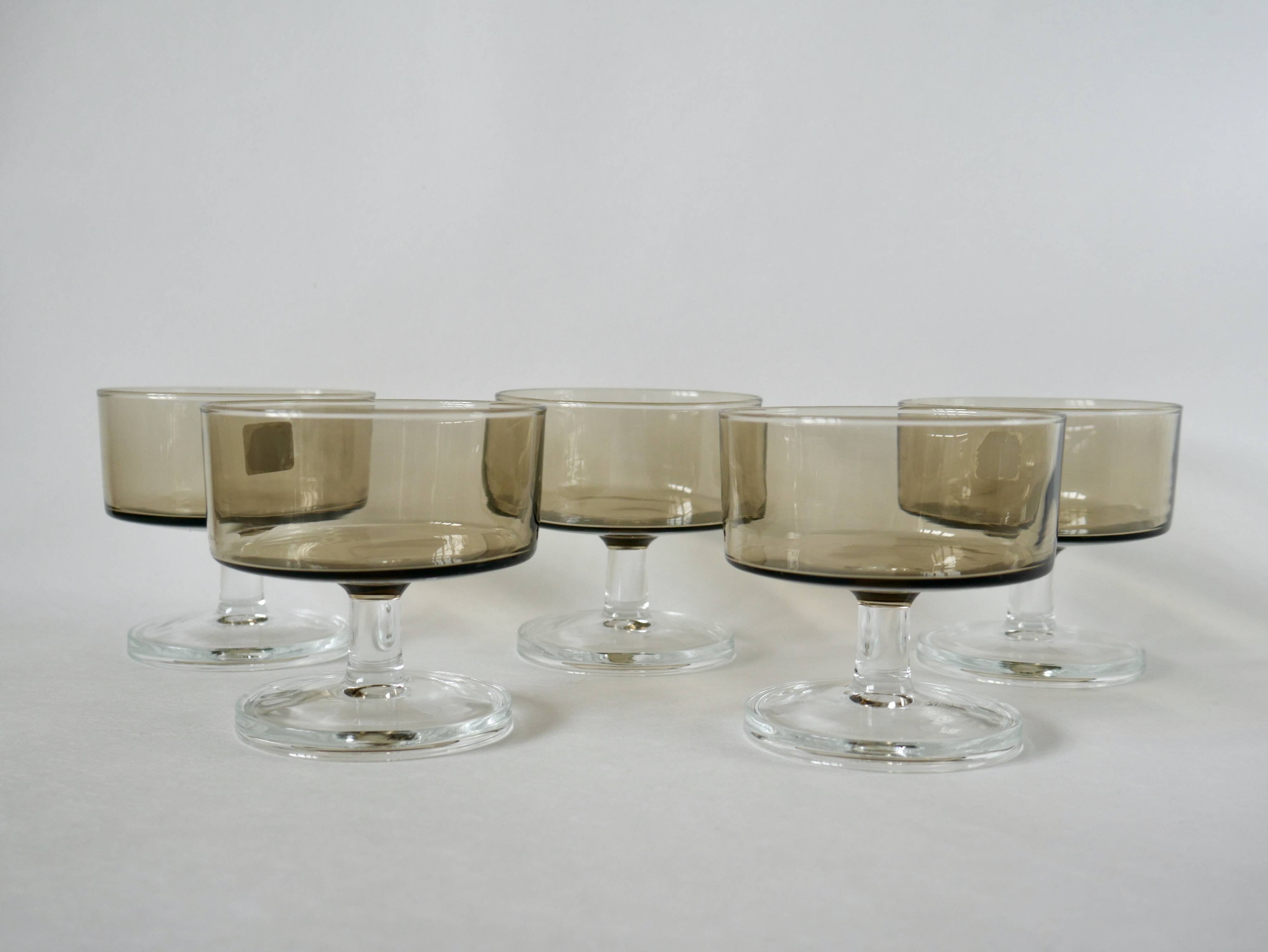 Set of 5 70s Luminarc smoked glass champagne glasses