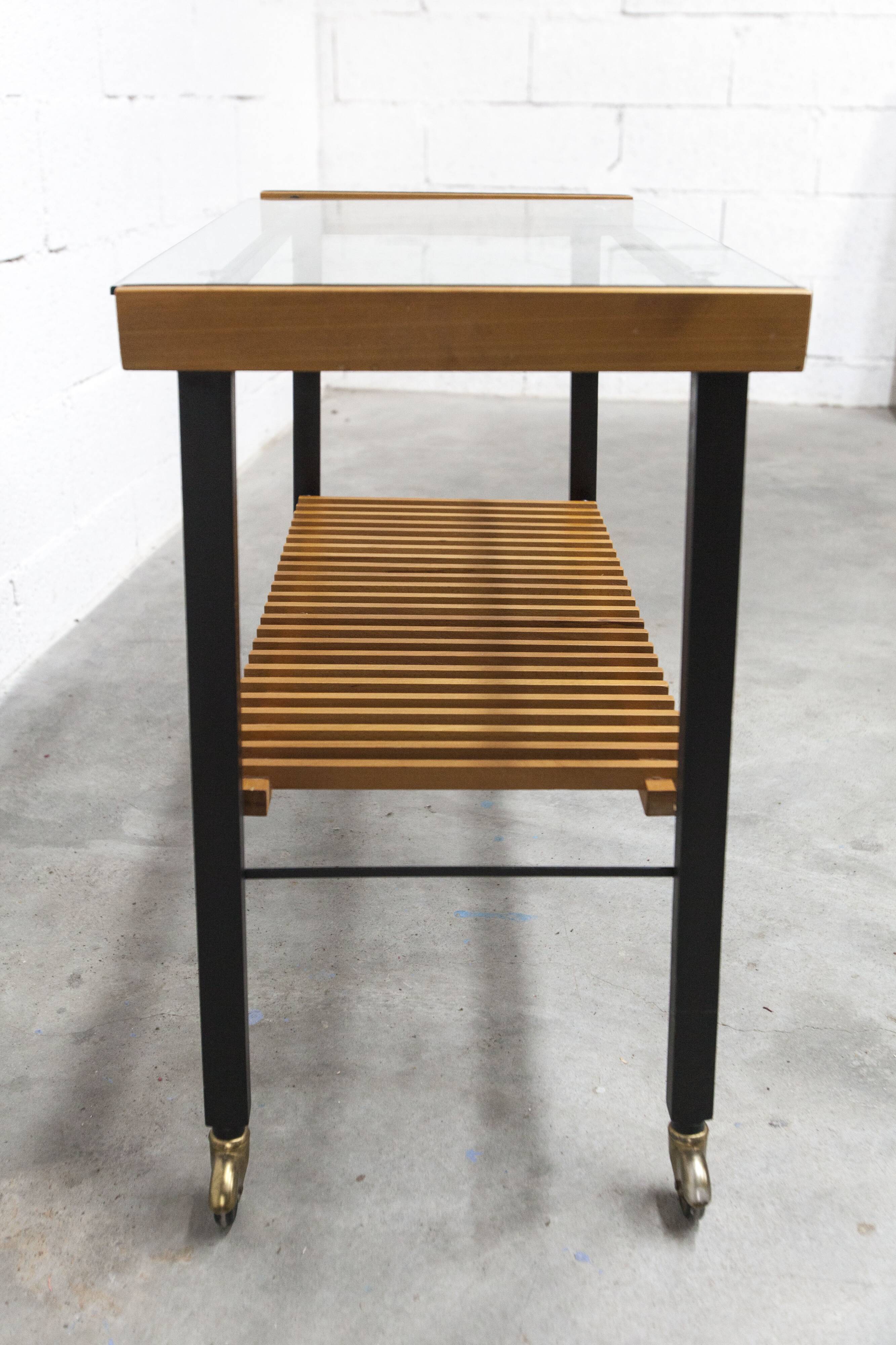 1960s serving cart, hi-fi cabinet on casters, teak, black metal, glass