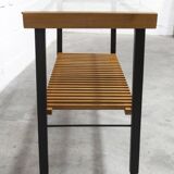 1960s serving cart, hi-fi cabinet on casters, teak, black metal, glass
