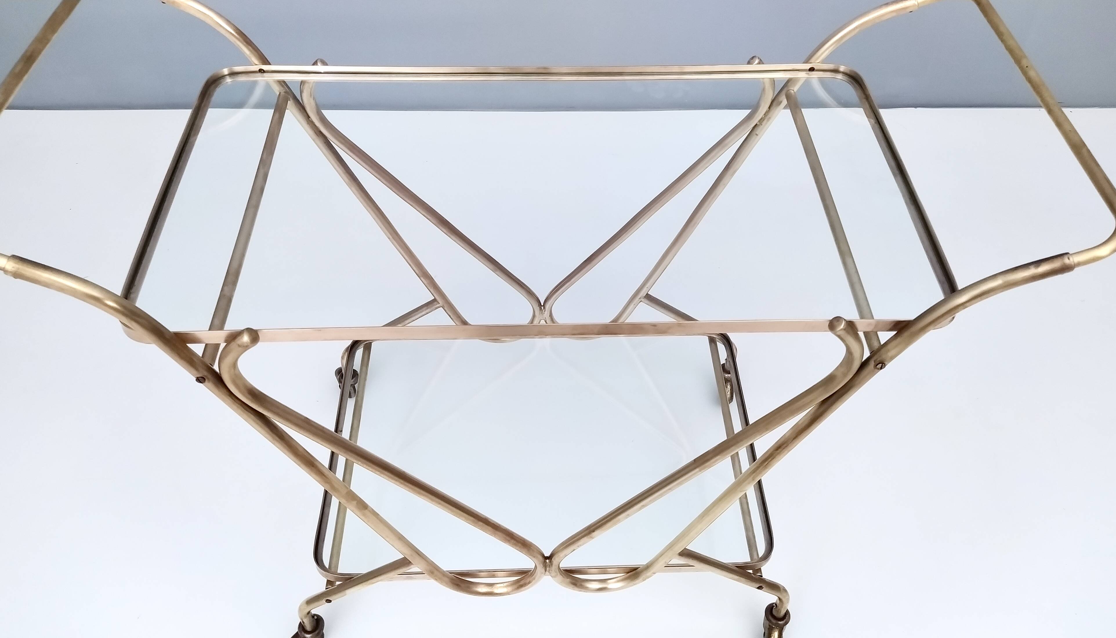 Vintage Brass Serving Cart with Glass Shelves, Italy