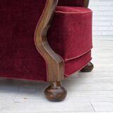 1950s, Danish relax armchair, cherry-red furniture velour, dark beech wood.