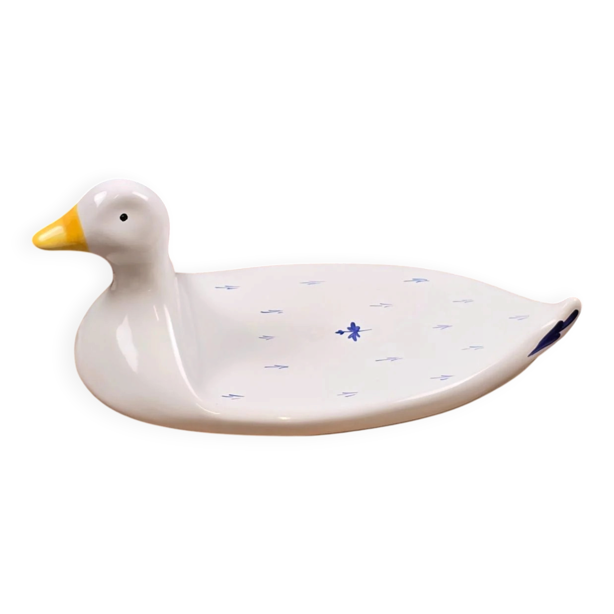 Plat à foie gras en céramique – décor bleu et blanc, forme canard