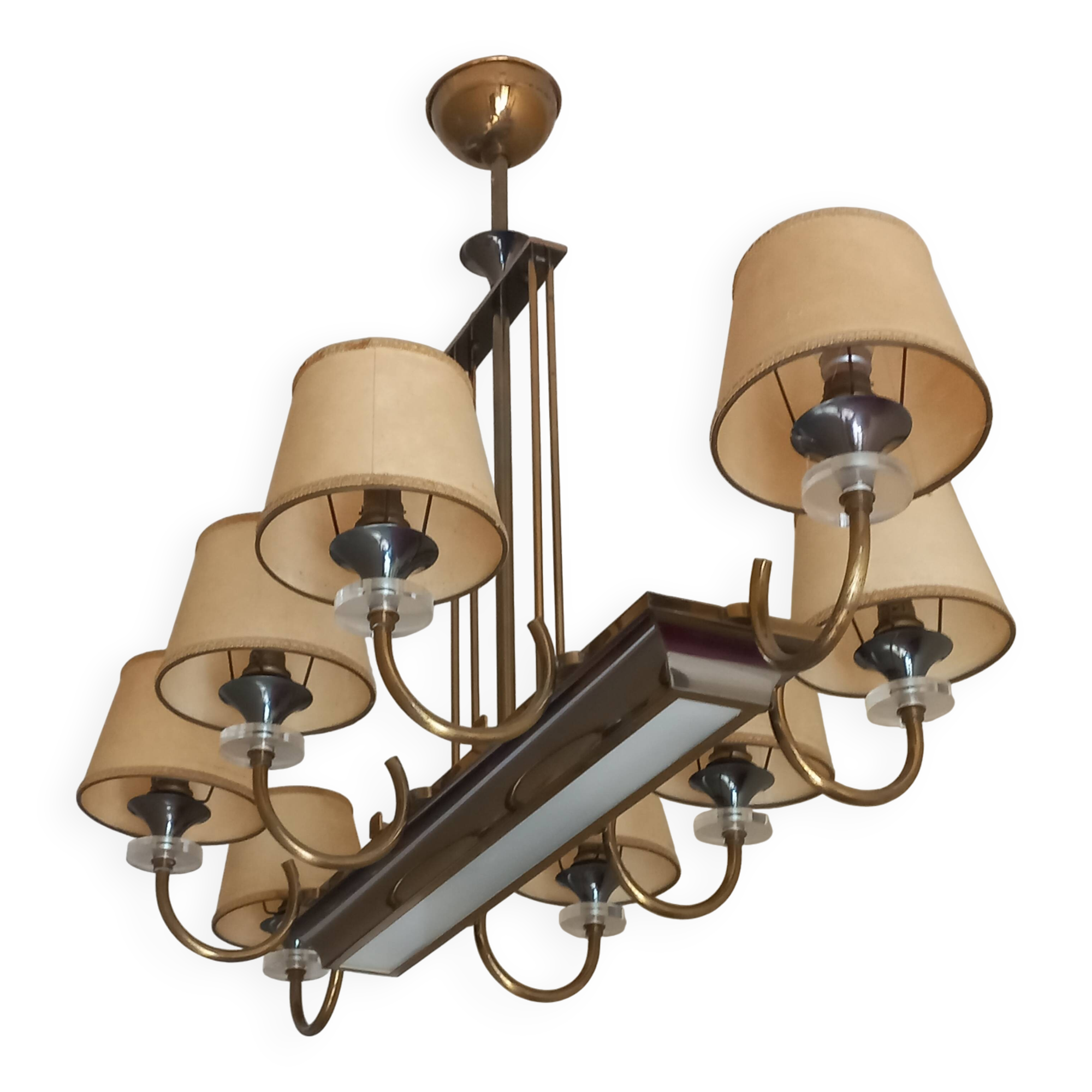 Vintage chandelier in gilded brass, chromed metal and plexiglass from the 1950s