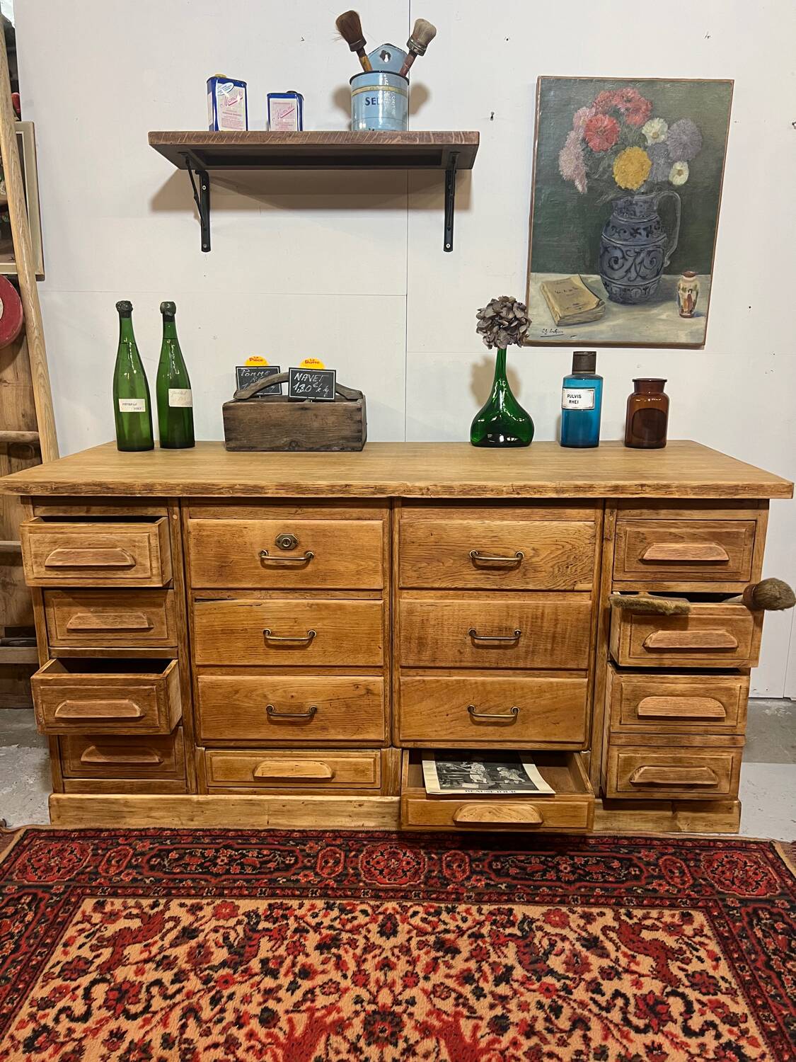 Old oak workshop drawer unit
