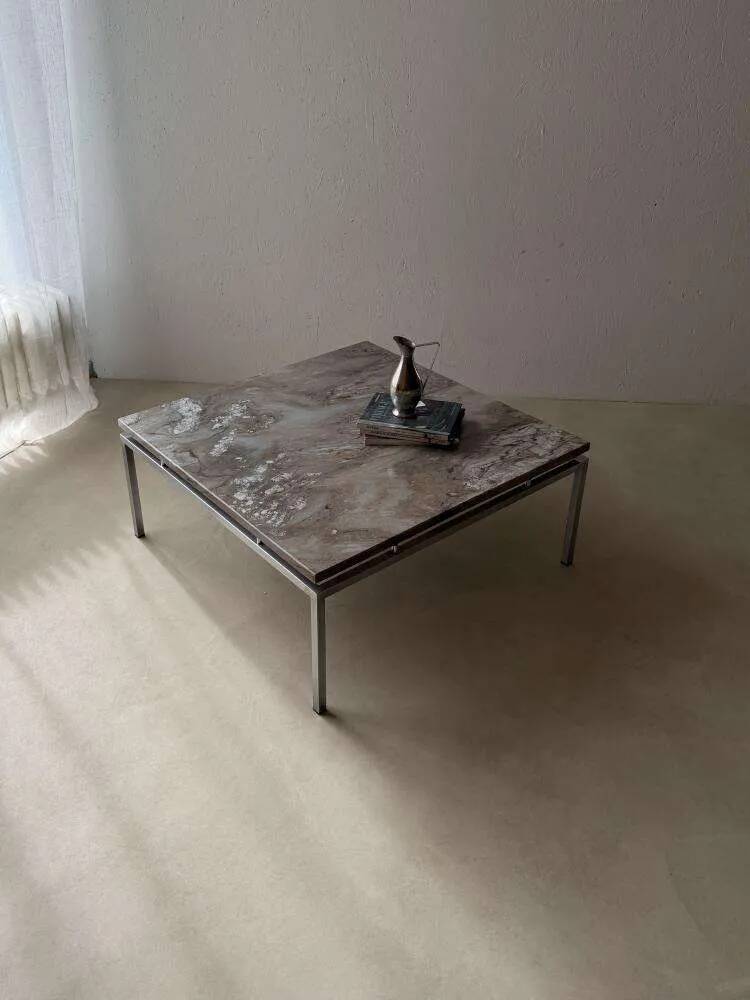 Mid-century coffee table natural stone chrome 1960s Netherlands