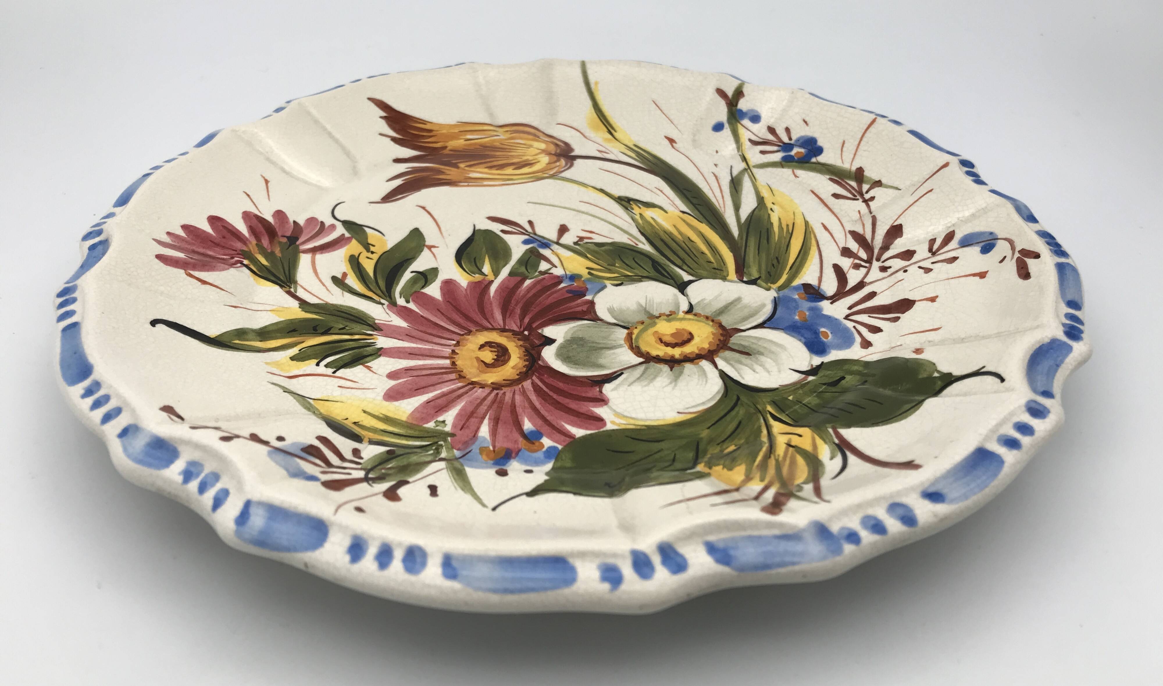 Earthenware wall plate signed bassano, italy, polychrome floral painting decoration
