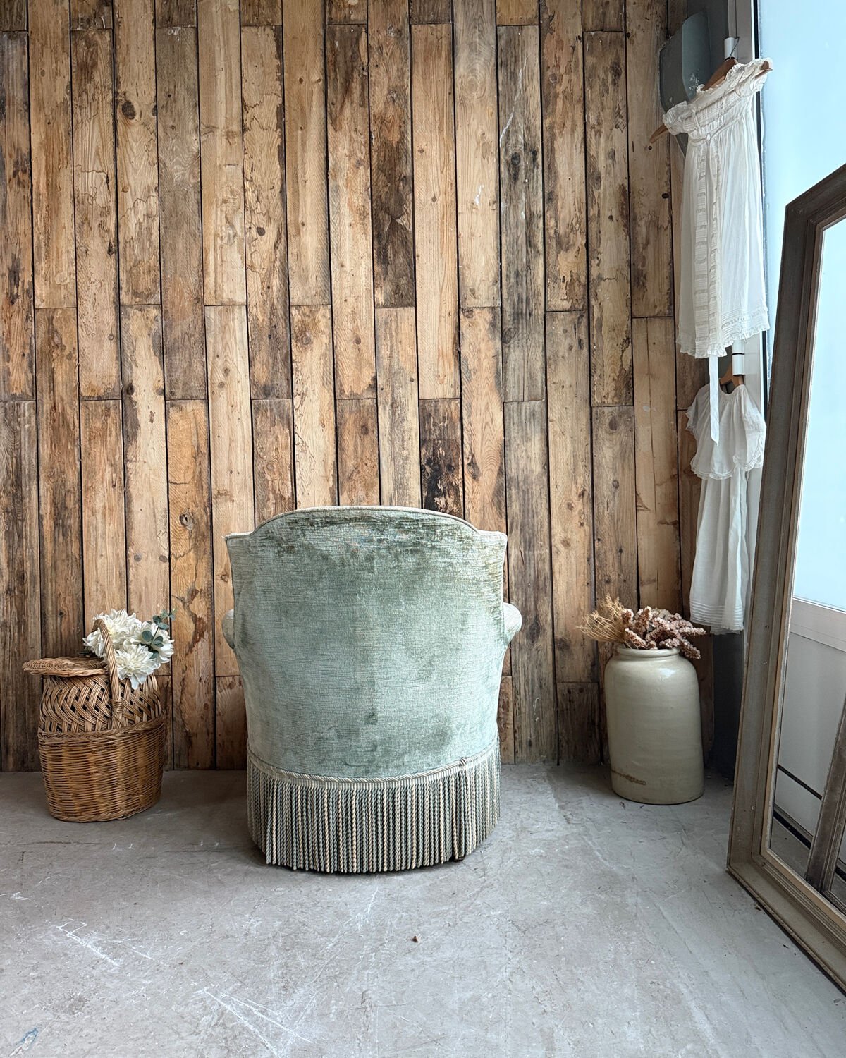 Green velvet tub chair