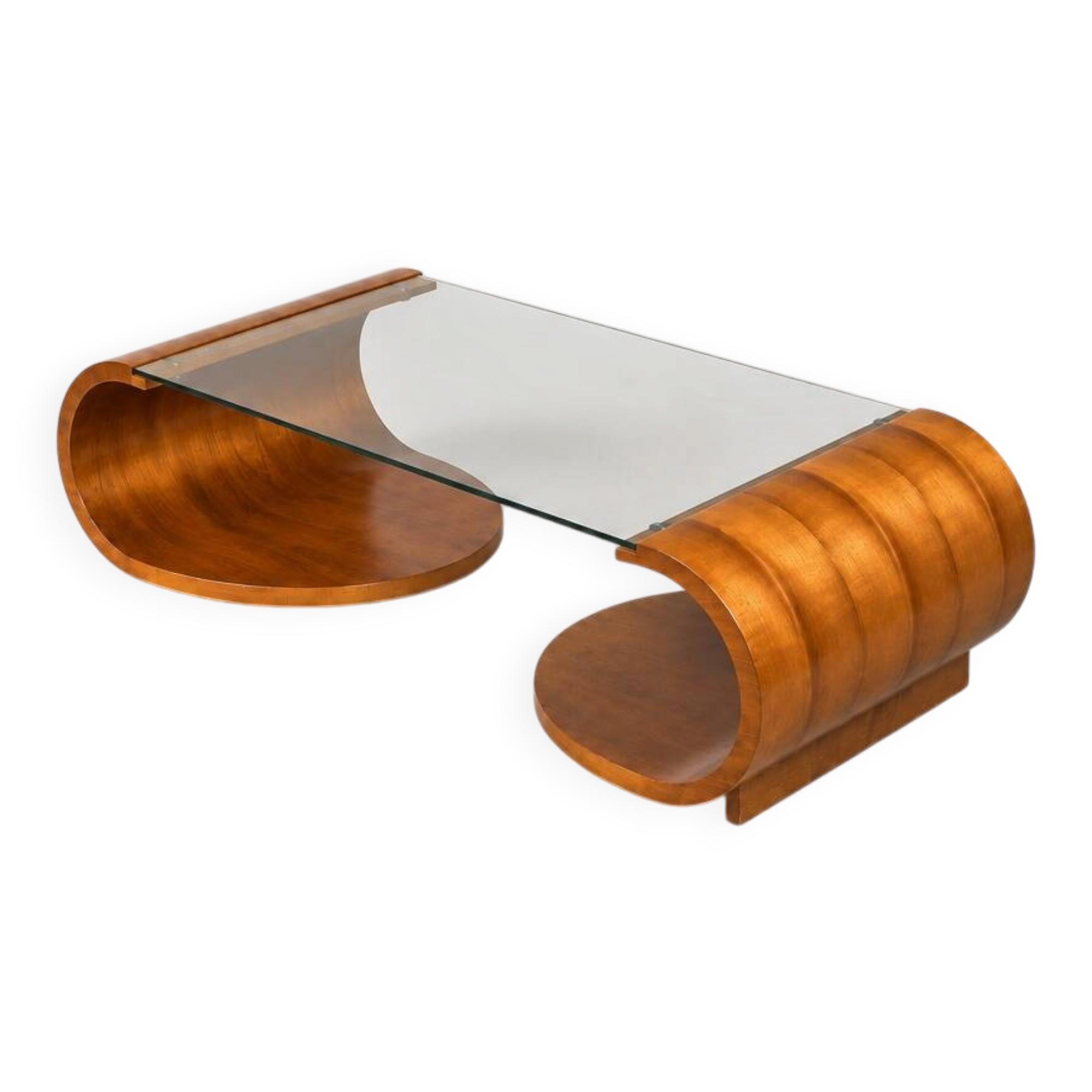 Sculptural coffee table in wood and glass — circa 1970