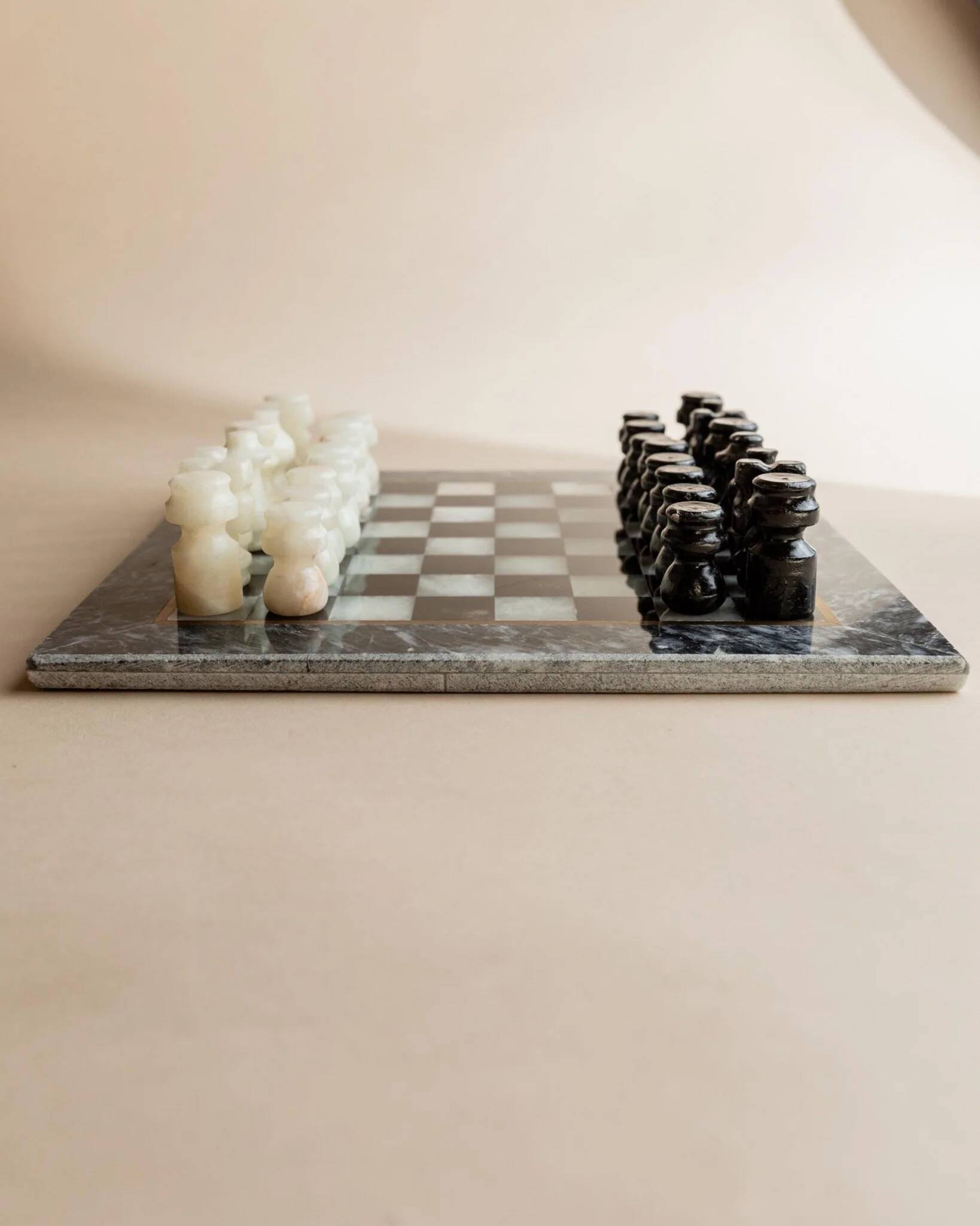 Vintage Marble Chess Set in Black and Cream Stone with Hand-Carved Pieces, Italian 1960s