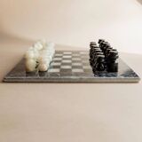 Vintage Marble Chess Set in Black and Cream Stone with Hand-Carved Pieces, Italian 1960s