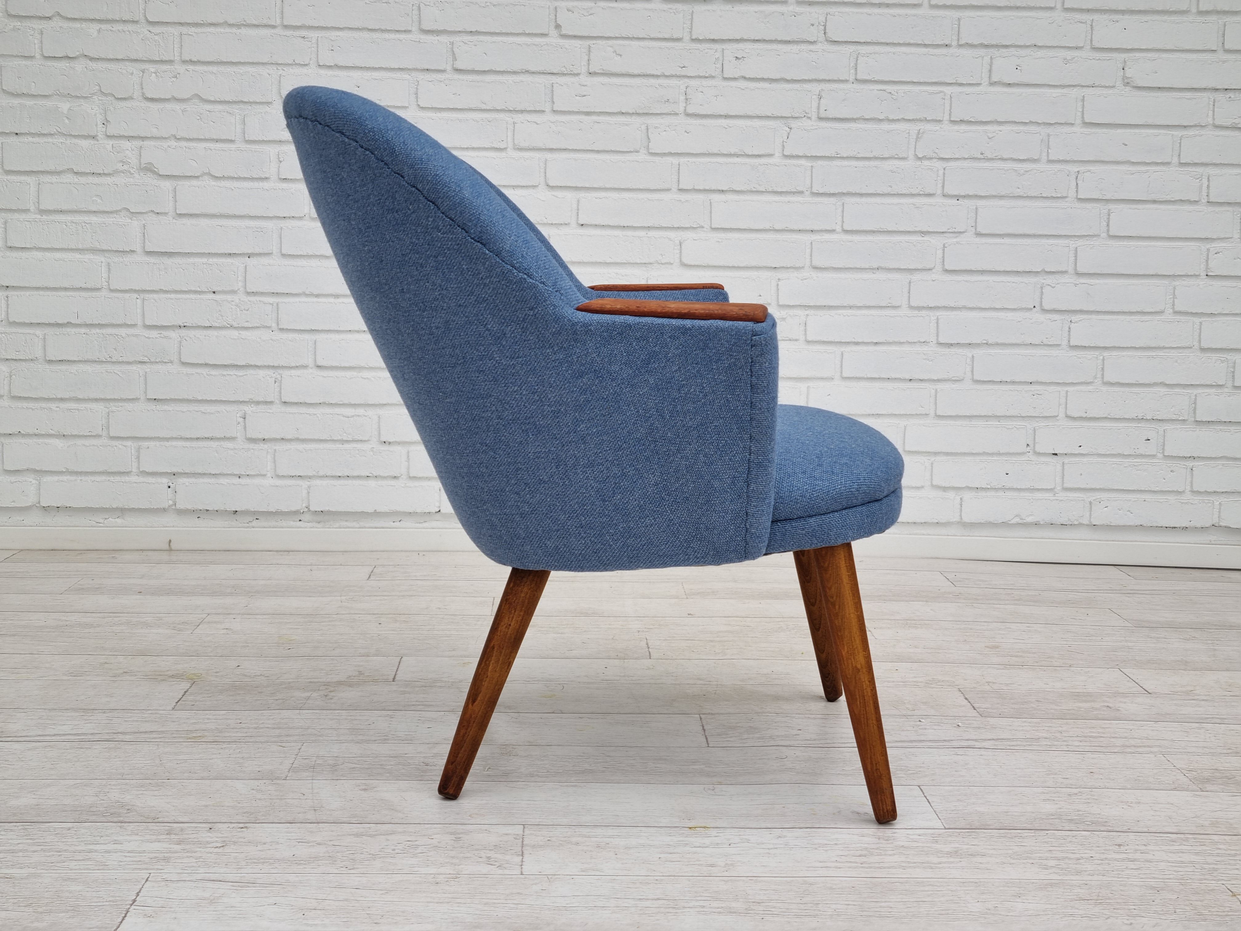 1960s, danish design, reupholstered lounge chair, camira furniture wool fabric, teak
