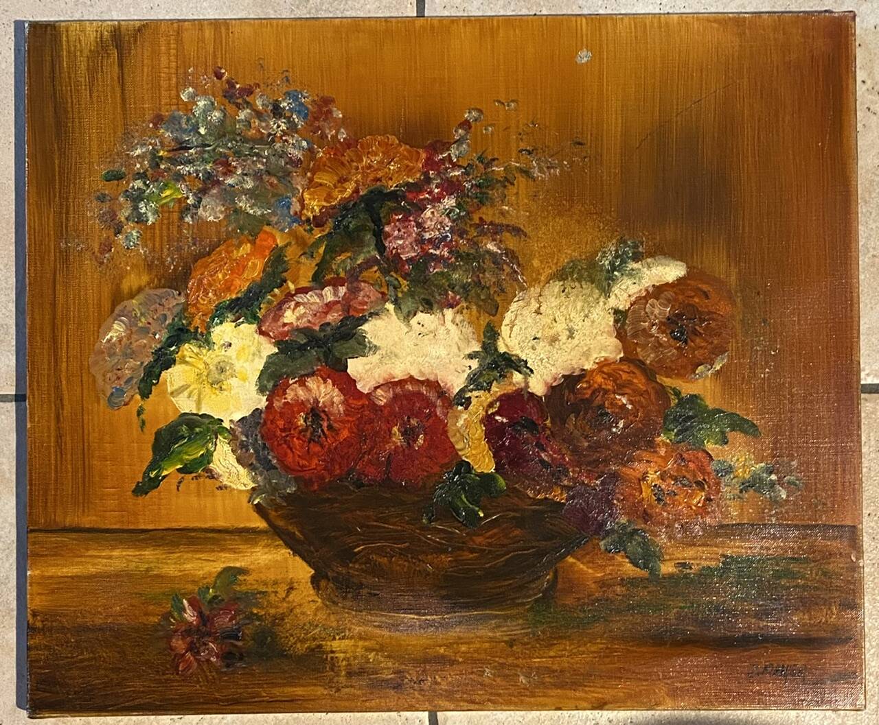 Still life with basket of wild flowers signed Mahler 20th century