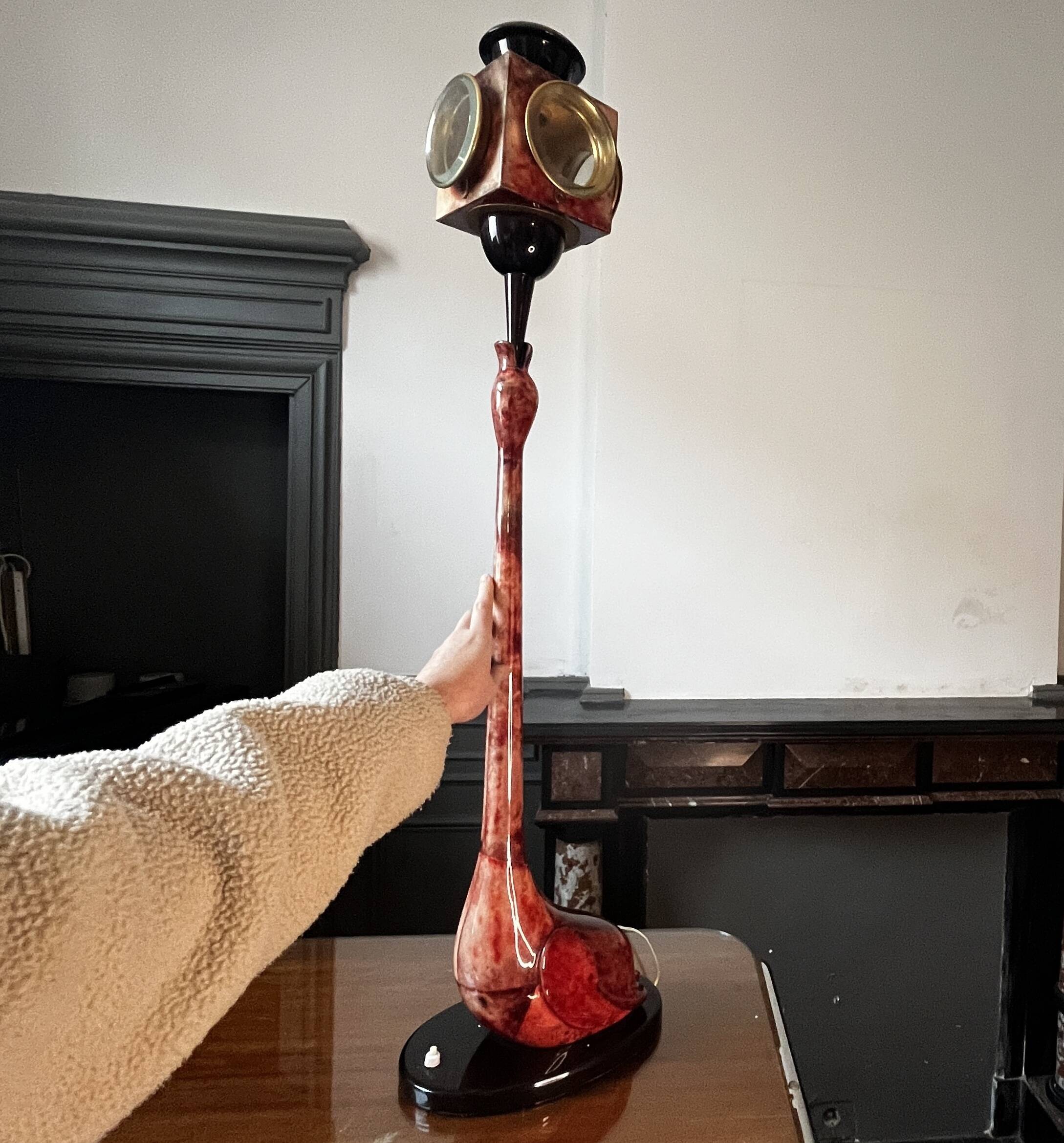 'bird' floor lamp by aldo tura, red goatskin parchment, ca 1950