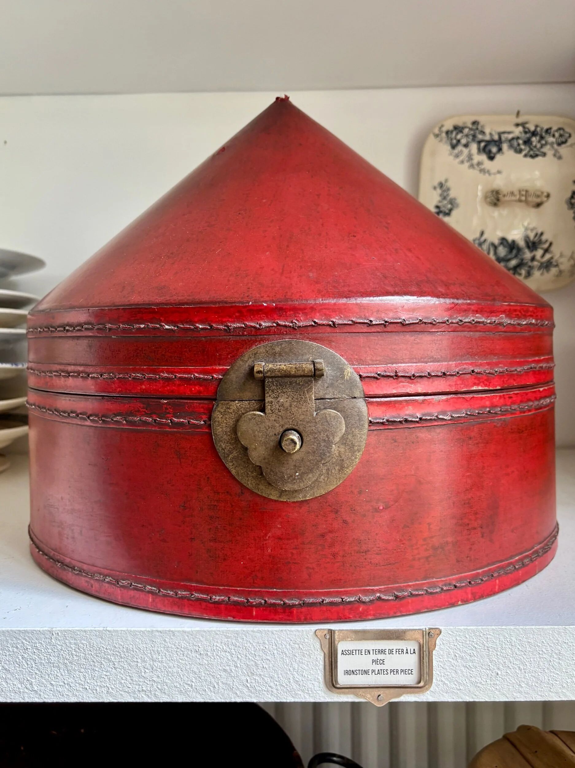 Red leather-covered hat box, China 19th century