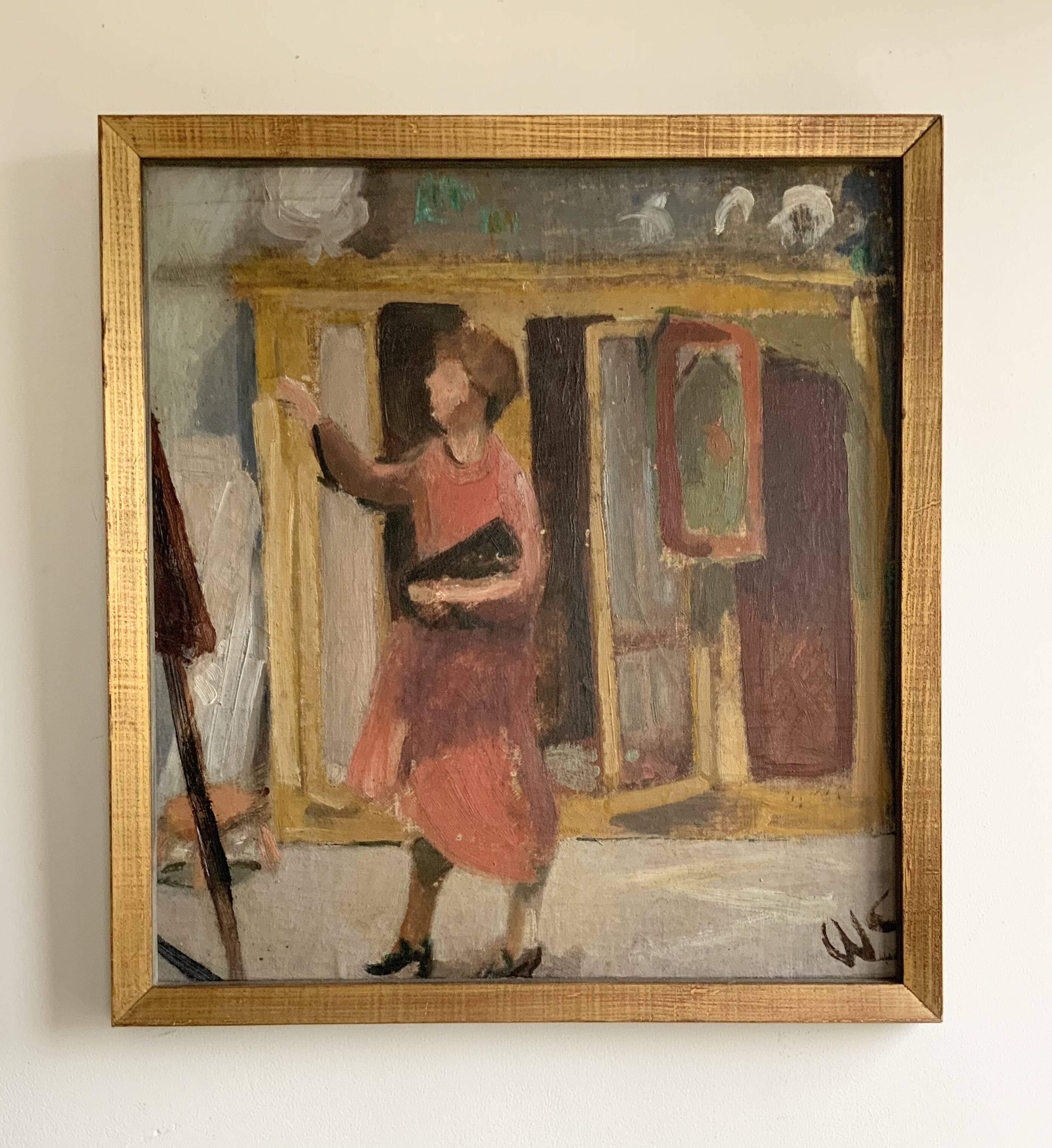 Vintage Oil On Canvas Interior with Woman Signed By Artist W.S., circa 1950s