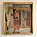 Vintage Oil On Canvas Interior with Woman Signed By Artist W.S., circa 1950s