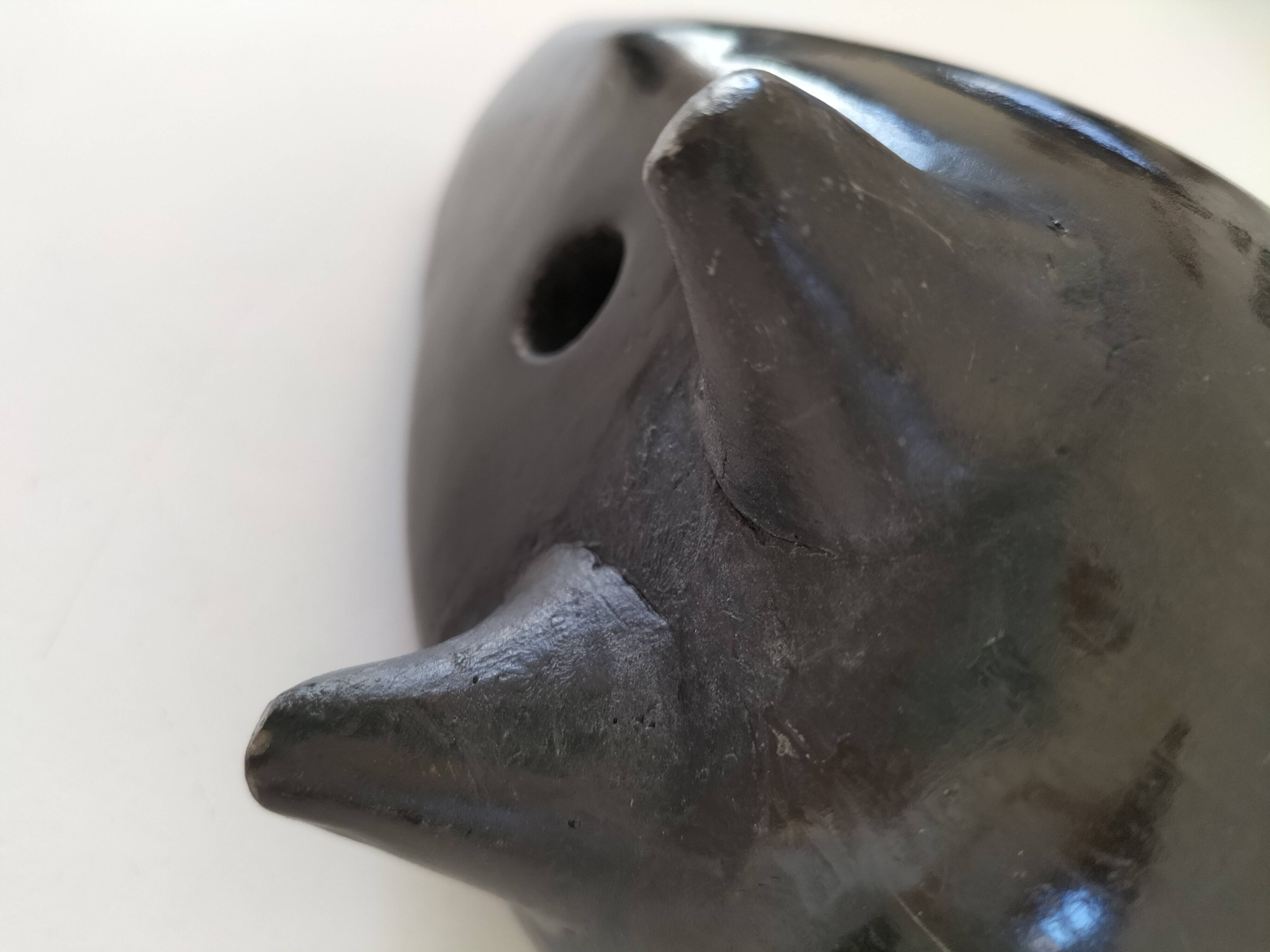 Engraved black ceramic owl signed Mexico