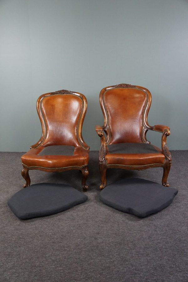 Unique antique set of 2 sheepskin leather armchairs