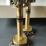 Pair of Hebrew Candlesticks. In antique gold-plated brass. Signed FFS Israel