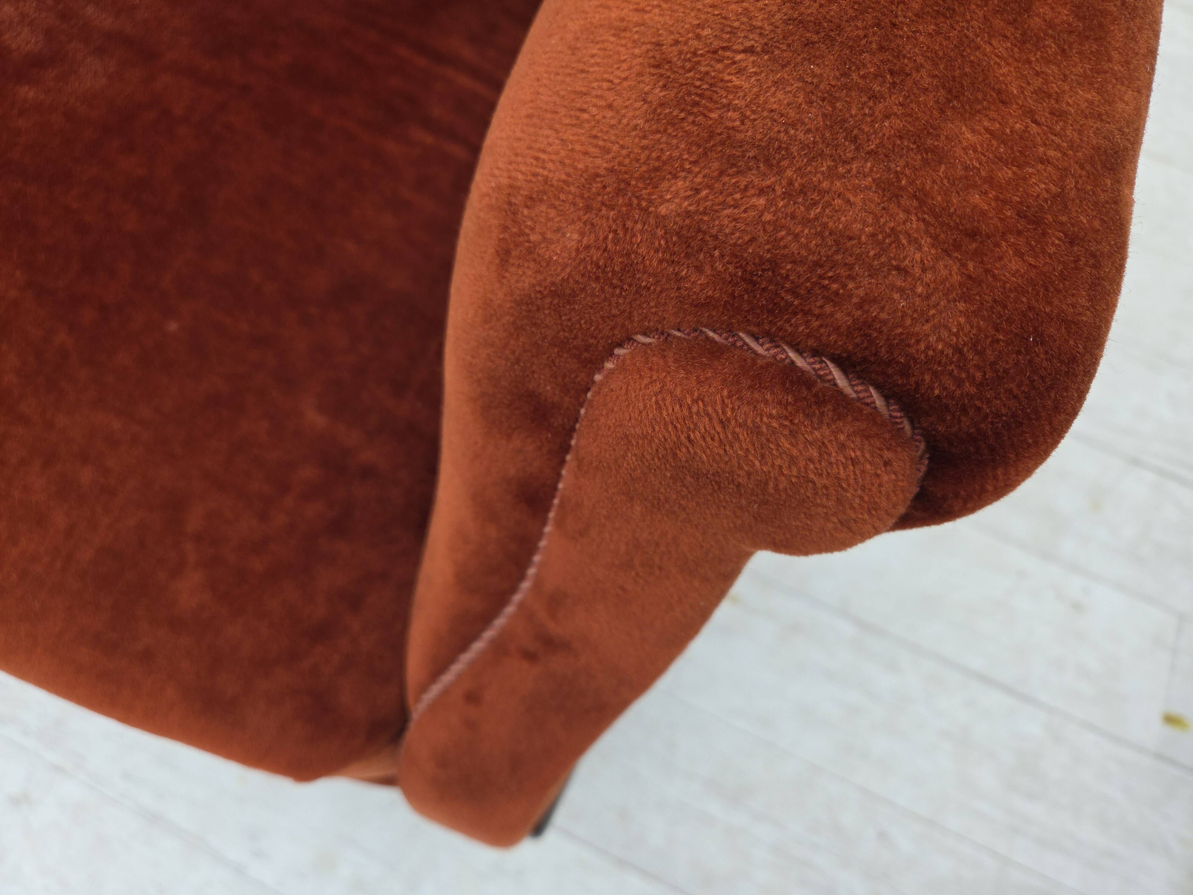 1950s, Danish 2-seater sofa, furniture velour, oak wood legs.