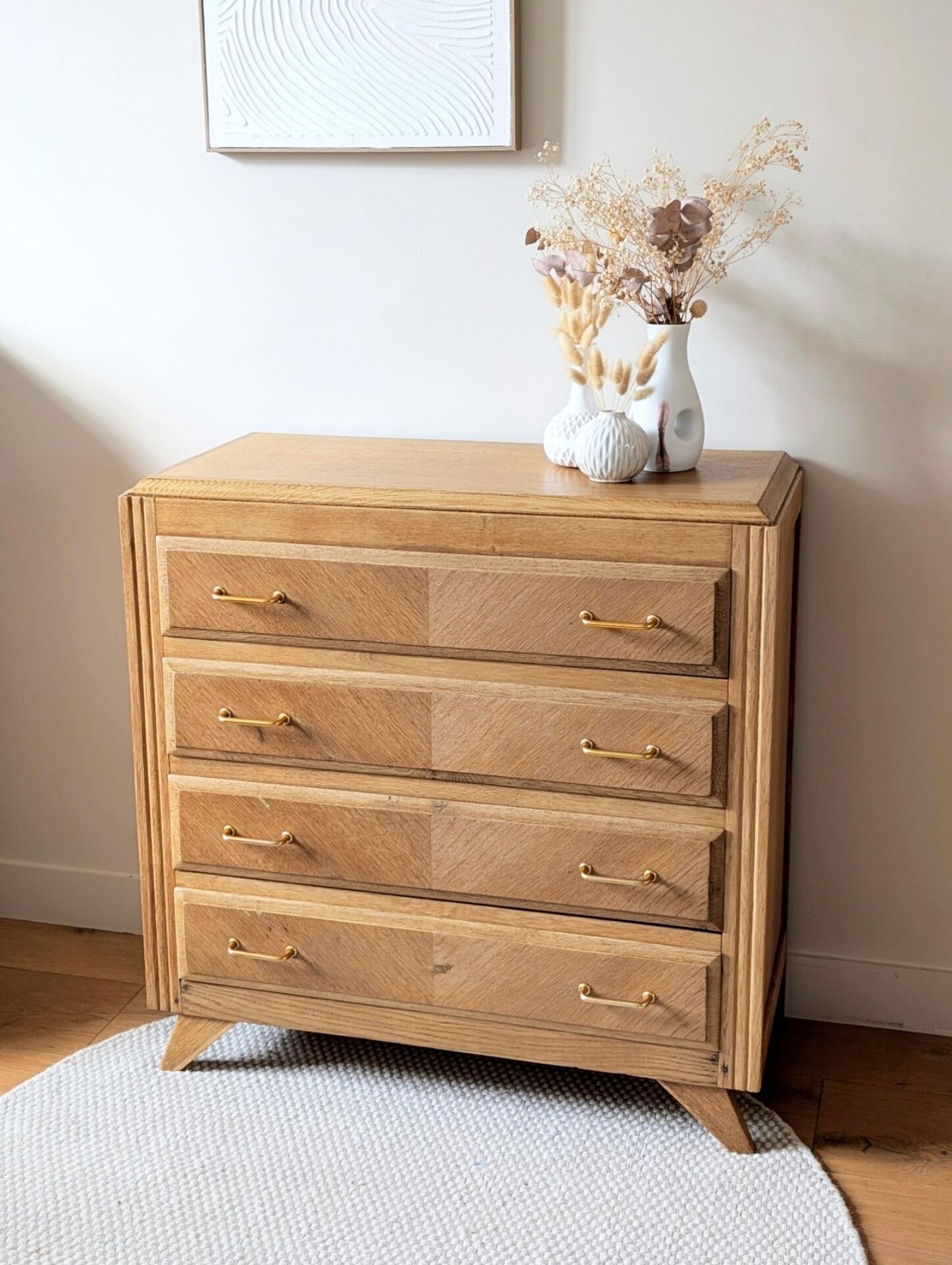 Commode vintage rénovée, chêne blond, pieds compas, années 50 60